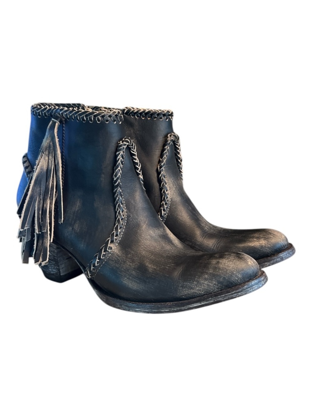Old Gringo Adela Fringe Ankle Zip Leather Distressed Braided Brown/Black Boots 8